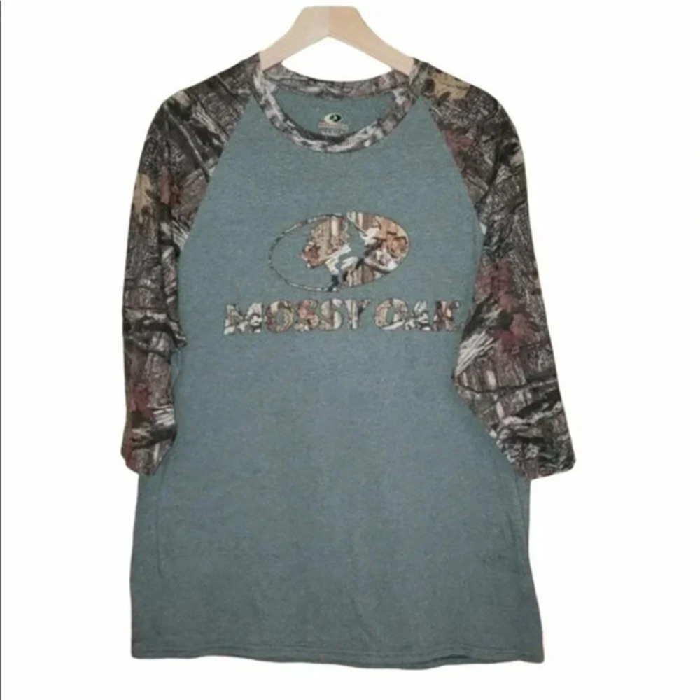 Mossy Oak‎ Raglan T Shirt Mens Size Large Camo Hunting 3/4 Sleeve Outdoors